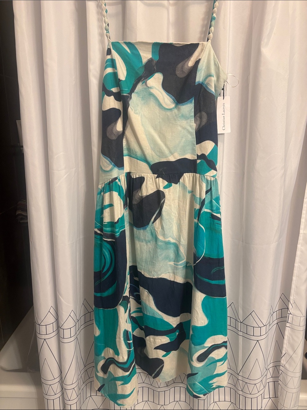 Nwt- Christian Lacroix Teal, Navy & Cream Abstract Midi Dress